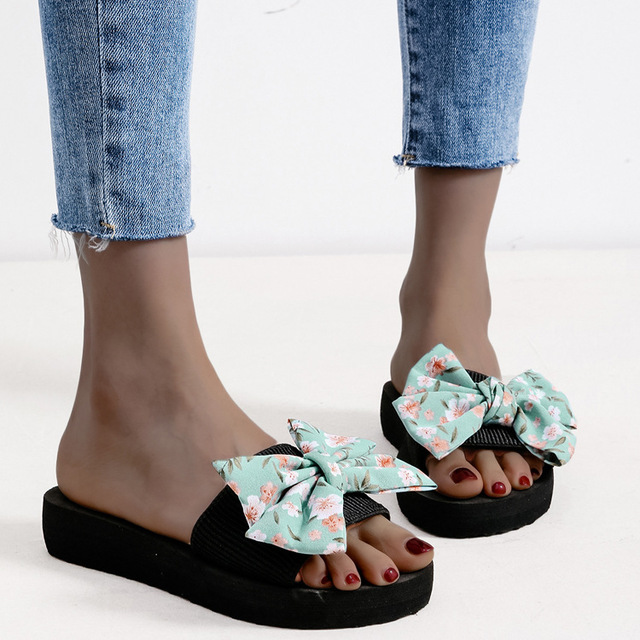 Nowe damskie sandały plażowe ze wzorem kokardy, na platformie Flatform Wedge - Wianko - 3
