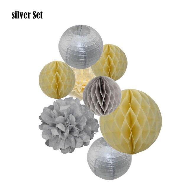 Nowy zestaw 8 papierowych latarni Lampiony z pomponami Ball 8 10 różne rozmiary złote/srebrne - idealne na Baby Shower i dekoracje weselne - Wianko - 6