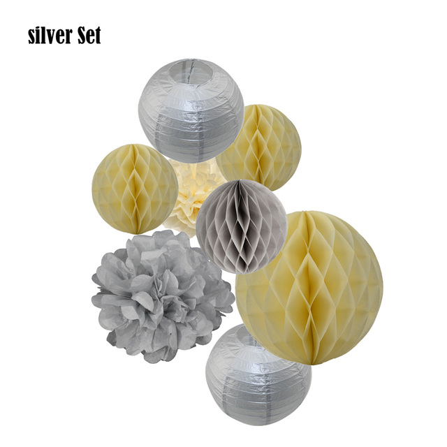 Nowy zestaw 8 papierowych latarni Lampiony z pomponami Ball 8 10 różne rozmiary złote/srebrne - idealne na Baby Shower i dekoracje weselne - Wianko - 32