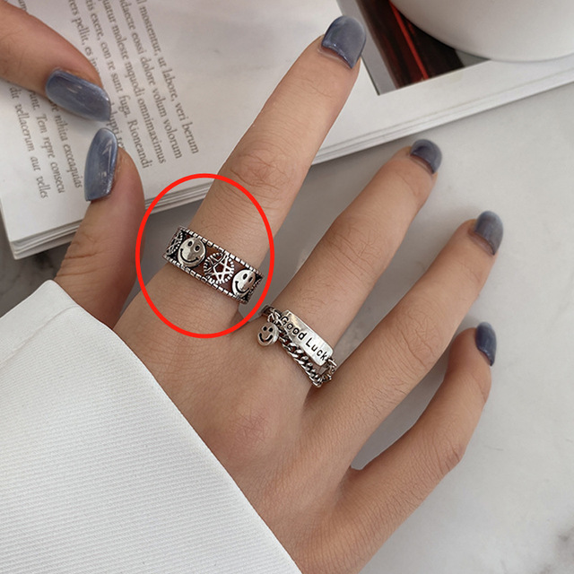 Srebrny pierścionek z podwójnym krzyżem w stylu Retro, dla kobiet, zdobiony Smiley Tail - Wianko - 4