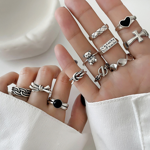 Srebrny pierścionek z podwójnym krzyżem w stylu Retro, dla kobiet, zdobiony Smiley Tail - Wianko - 1