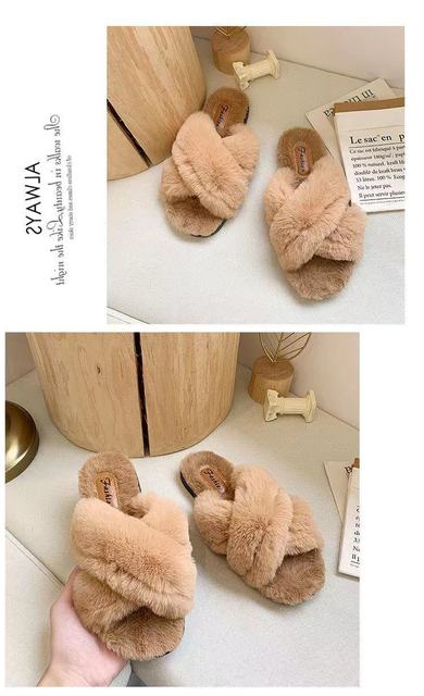 Klapki damskie pluszowe jesienne i zimowe wiosenne krzyżowe leniwe sandały z futerkiem króliczym - Wianko - 18