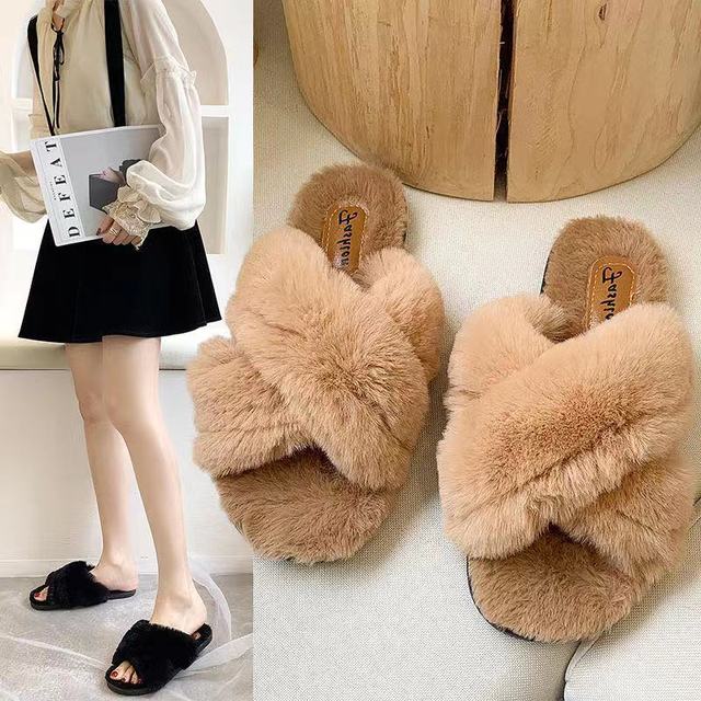 Klapki damskie pluszowe jesienne i zimowe wiosenne krzyżowe leniwe sandały z futerkiem króliczym - Wianko - 6