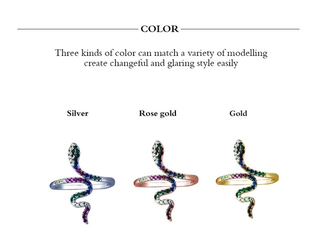 Srebrny pierścień żmijka w kształcie otwartego łuku z regulowanym rozmiarem - 925 sterling, 18k pozłacany, w kolorze rainbow - Wianko - 4