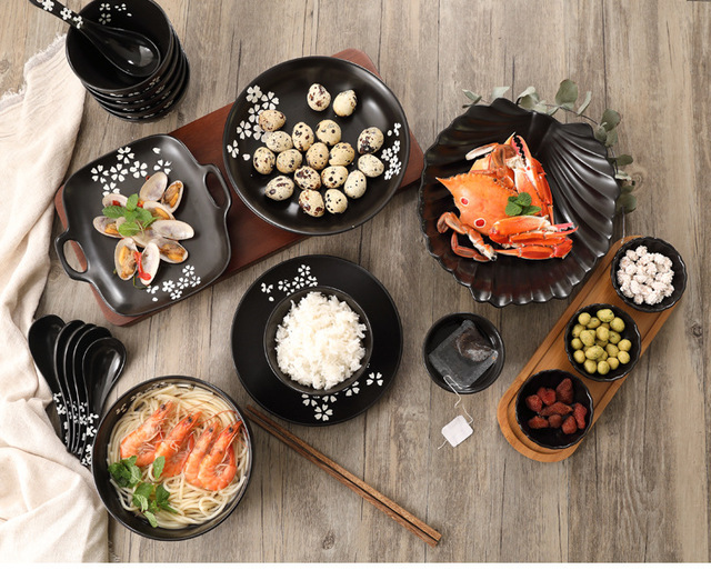 Czarna ceramiczna miska na zupę i ryż, talerz sushi, łyżka do przypraw - styl japoński - Wianko - 26