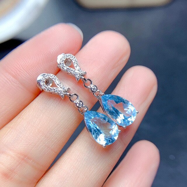 Kolczyki wiszące z niebieskiego Topazu i akwamarynu z kryształowymi diamentami, wykonane z 14-karatowego białego złota - Wianko - 13
