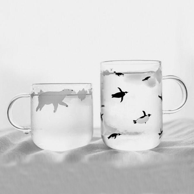 Kubek szklany z uchwytem z motywem słodkiego niedźwiedzia polarnego i pingwina do kawy i herbaty - Wianko - 16