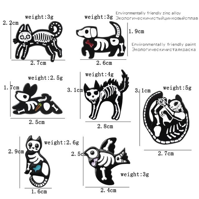 Broszka emaliowana z uroczymi zwierzętami - kot, pies, królik, ptak, czarno-biała czaszka - Wianko - 1