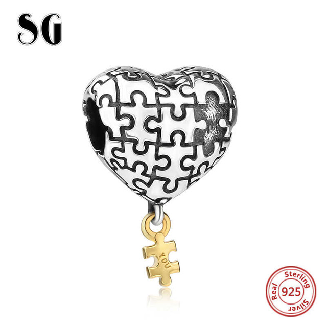 Koraliki SG love heart Charms z puzzle paciorkami - srebro 925, kompletność serca, DIY dla kobiet - Wianko - 2