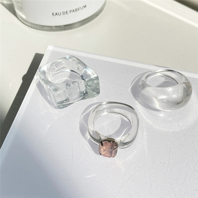 17KM Zestaw 3 koreańskich pierścieni geometrycznych z przezroczystą żywicą akrylową dla modnych kobiet - biżuteria z kryształem 2021 - Wianko - 16