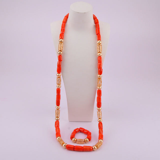 Zestaw biżuterii ślubnej z koralików afrykańskich w kolorze pomarańczowym, pochodzących z Nigerii - Wianko - 102