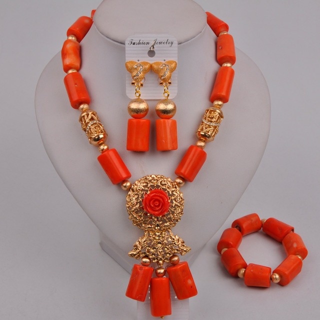 Zestaw biżuterii ślubnej z koralików afrykańskich w kolorze pomarańczowym, pochodzących z Nigerii - Wianko - 88