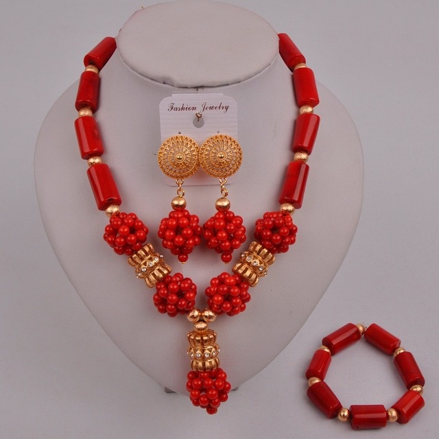 Zestaw biżuterii ślubnej z koralików afrykańskich w kolorze pomarańczowym, pochodzących z Nigerii - Wianko - 84