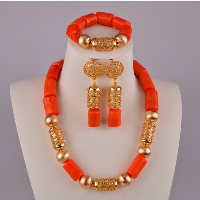Zestaw biżuterii ślubnej z koralików afrykańskich w kolorze pomarańczowym, pochodzących z Nigerii - Wianko - 16