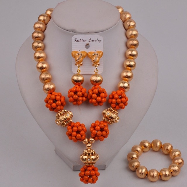 Zestaw biżuterii ślubnej z koralików afrykańskich w kolorze pomarańczowym, pochodzących z Nigerii - Wianko - 79