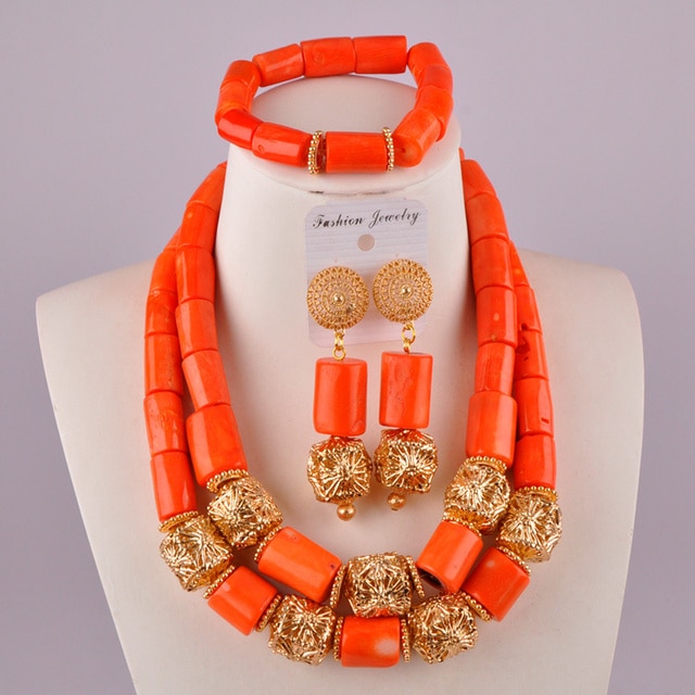 Zestaw biżuterii ślubnej z koralików afrykańskich w kolorze pomarańczowym, pochodzących z Nigerii - Wianko - 26