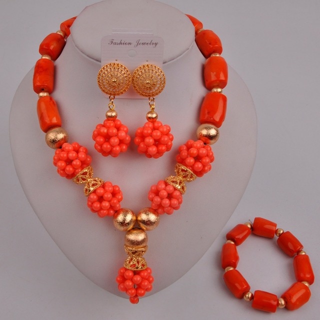Zestaw biżuterii ślubnej z koralików afrykańskich w kolorze pomarańczowym, pochodzących z Nigerii - Wianko - 82