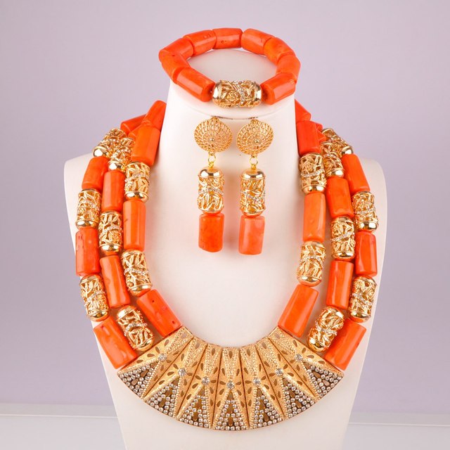 Zestaw biżuterii ślubnej z koralików afrykańskich w kolorze pomarańczowym, pochodzących z Nigerii - Wianko - 33