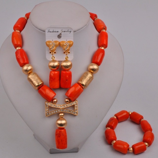 Zestaw biżuterii ślubnej z koralików afrykańskich w kolorze pomarańczowym, pochodzących z Nigerii - Wianko - 92