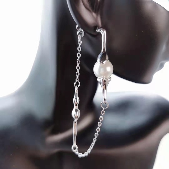 Kolczyki wiszące damskie z białą perłą, srebrnym łańcuszkiem i asymetrycznym wisiorkiem - elegancka biżuteria dla kobiet - Wianko - 19