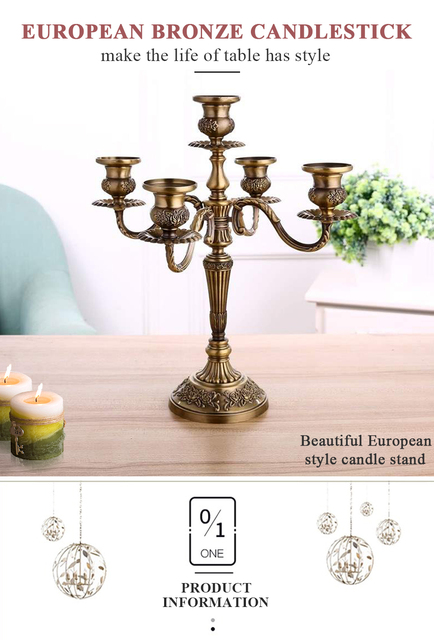 Świecznik dekoracyjny z metalu, 5-ramienny lub 3-ramienny, w brązie, idealny jako ozdoba ślubna na stół - Wianko - 8