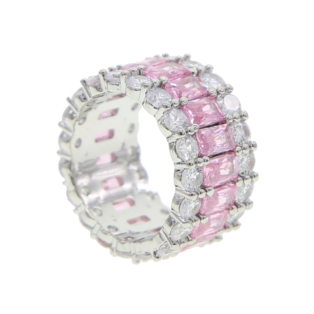 Pierścionek zaręczynowy Iced Out Bling z 5A cyrkoniami CZ w kolorze białym i różowym, 3 wiersze bagietek, biżuteria dla kobiet - Wianko - 12