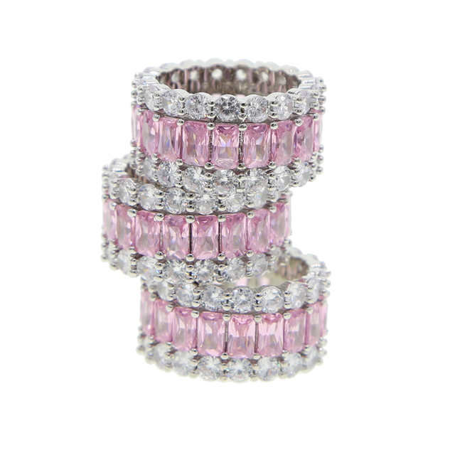 Pierścionek zaręczynowy Iced Out Bling z 5A cyrkoniami CZ w kolorze białym i różowym, 3 wiersze bagietek, biżuteria dla kobiet - Wianko - 13