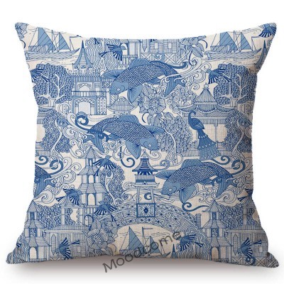 Poszewka na poduszkę z tradycyjnym francuskim motywem Toile De Jouy (granatowy, niebieski, słoń, kwiatowy) - Wianko - 22