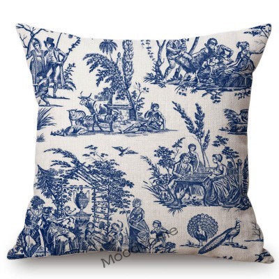 Poszewka na poduszkę z tradycyjnym francuskim motywem Toile De Jouy (granatowy, niebieski, słoń, kwiatowy) - Wianko - 8