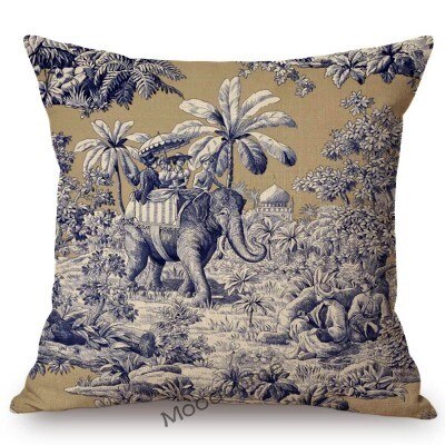 Poszewka na poduszkę z tradycyjnym francuskim motywem Toile De Jouy (granatowy, niebieski, słoń, kwiatowy) - Wianko - 19