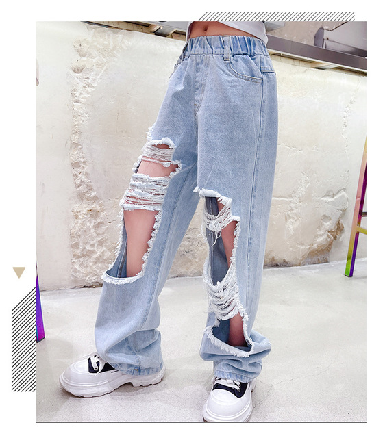 Nastolatki - Niebieskie jeansowe dżinsy dla dziewczyn z wysokim stanem i rozszerzanymi nogawkami - Wianko - 7