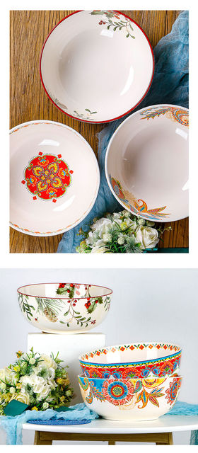 Amerykańska miska na zupę - duża, kolorowa porcelanowa miska (12 cali) o wyrazistym wzorze, idealna na owoce - styl wiejski - Wianko - 7