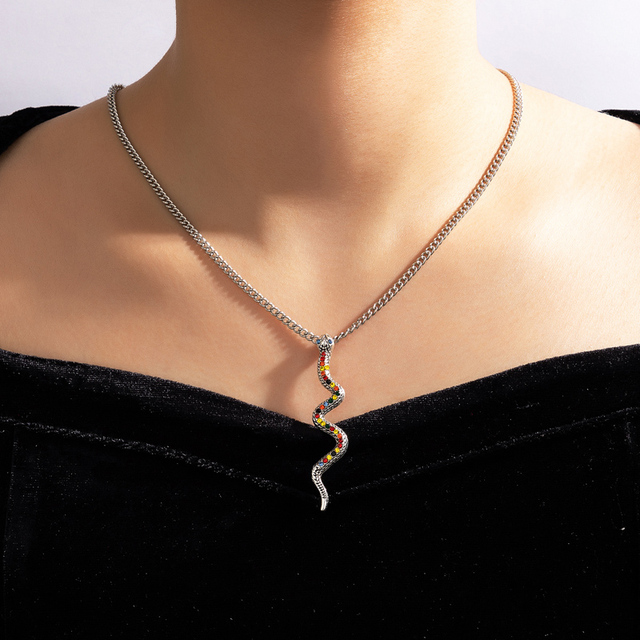 Lukusowy naszyjnik wężowy z kolorowymi rhinestonami dla kobiet, srebrny kołnierz łańcuszkowy - Wianko - 1