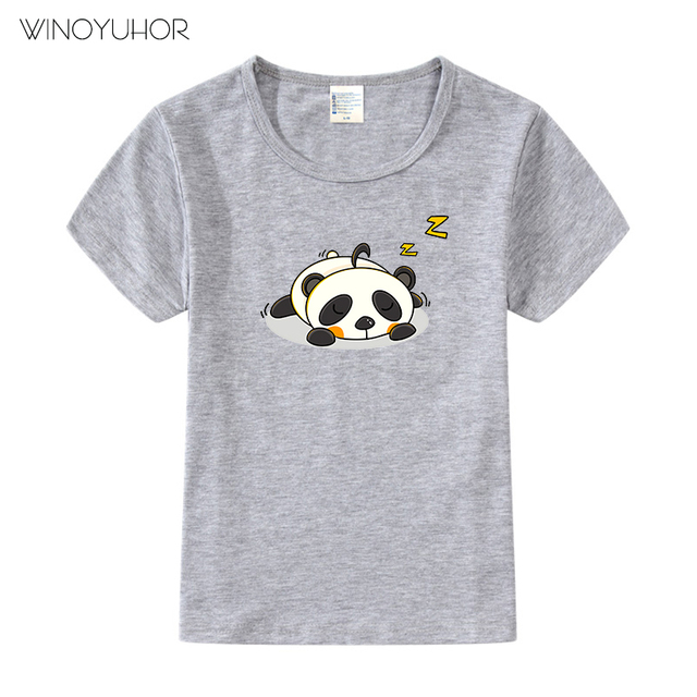 Koszulka dziecięca z nadrukiem śpiącej, śmiesznej kawaii pandy w stylu kreskówki, kratkowane rękawki, letni dziecięcy top - Wianko - 7