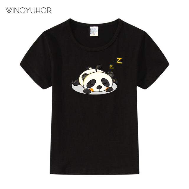 Koszulka dziecięca z nadrukiem śpiącej, śmiesznej kawaii pandy w stylu kreskówki, kratkowane rękawki, letni dziecięcy top - Wianko - 5