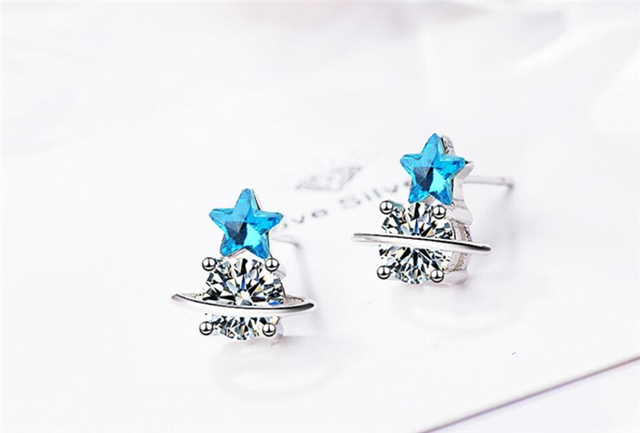 Kolczyki asymetryczne 925 Sterling Silver z błękitną kryształową gwiazdą dla eleganckiej nastolatki SEA425 - Wianko - 26