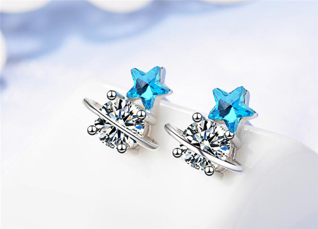 Kolczyki asymetryczne 925 Sterling Silver z błękitną kryształową gwiazdą dla eleganckiej nastolatki SEA425 - Wianko - 24