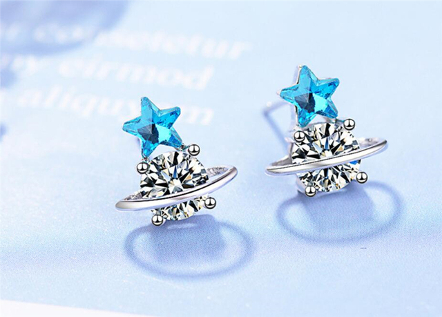Kolczyki asymetryczne 925 Sterling Silver z błękitną kryształową gwiazdą dla eleganckiej nastolatki SEA425 - Wianko - 21