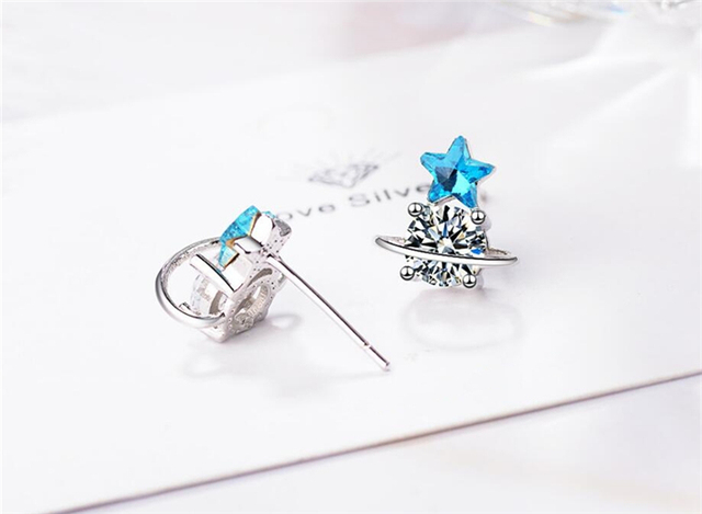 Kolczyki asymetryczne 925 Sterling Silver z błękitną kryształową gwiazdą dla eleganckiej nastolatki SEA425 - Wianko - 23
