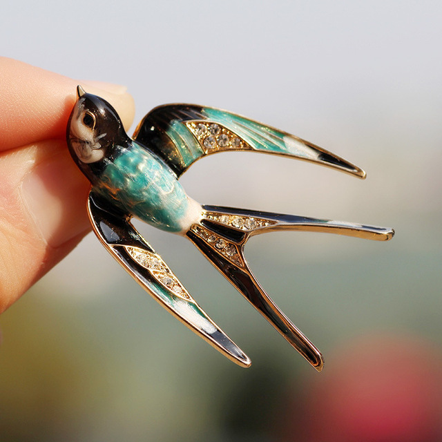 Klasyczna broszka jaskółka emalia z kryształem dla kobiet i dziewcząt - biżuteria ptakowa do płaszcza - Wianko - 1