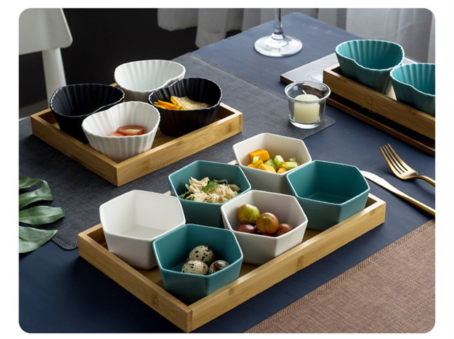 Talerze podzielone na przekąski stylu skandynawskiego z tacą bambusową - ceramiczne talerze z owoce - półmiski na sosy i pistacje - Wianko - 3