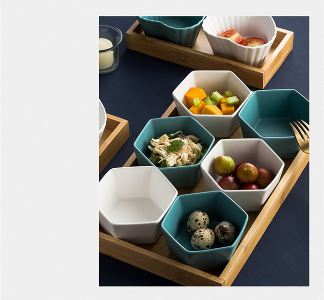 Talerze podzielone na przekąski stylu skandynawskiego z tacą bambusową - ceramiczne talerze z owoce - półmiski na sosy i pistacje - Wianko - 5