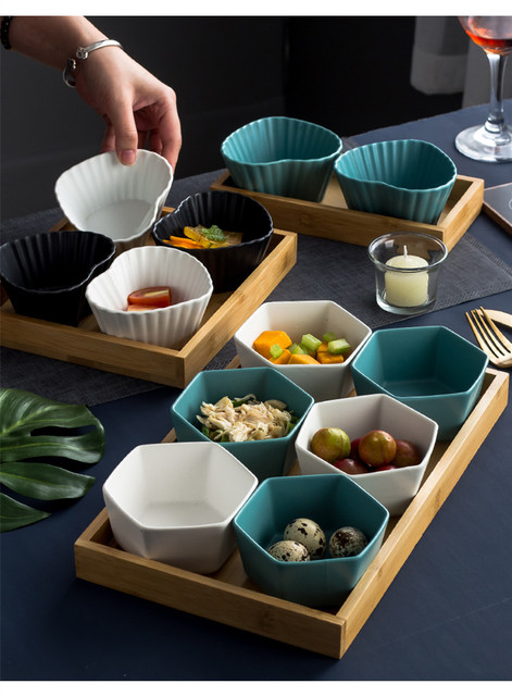Talerze podzielone na przekąski stylu skandynawskiego z tacą bambusową - ceramiczne talerze z owoce - półmiski na sosy i pistacje - Wianko - 11