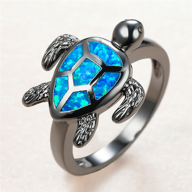 Piękny pierścionek zaręczynowy z niebieskim opalowym kamieniem, 14KT czarne złoto, kamień w kształcie żółwia morskiego - Wianko - 4