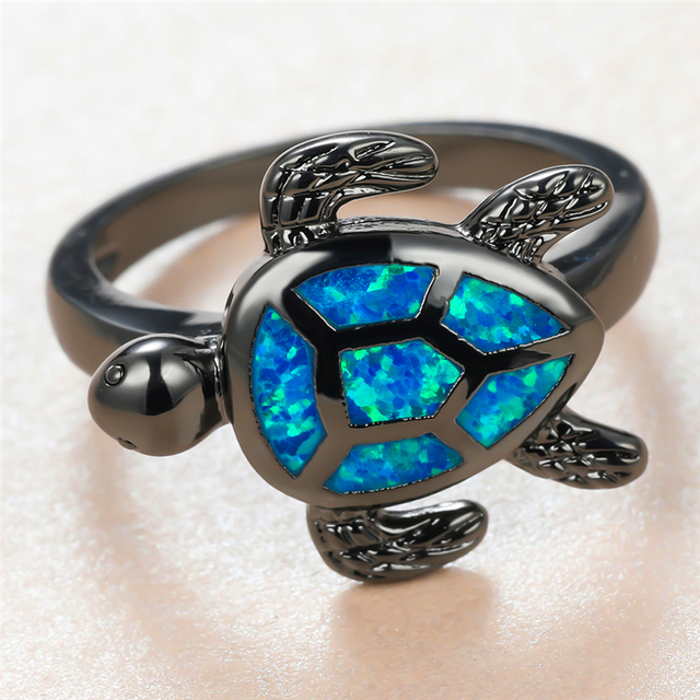 Piękny pierścionek zaręczynowy z niebieskim opalowym kamieniem, 14KT czarne złoto, kamień w kształcie żółwia morskiego - Wianko - 2