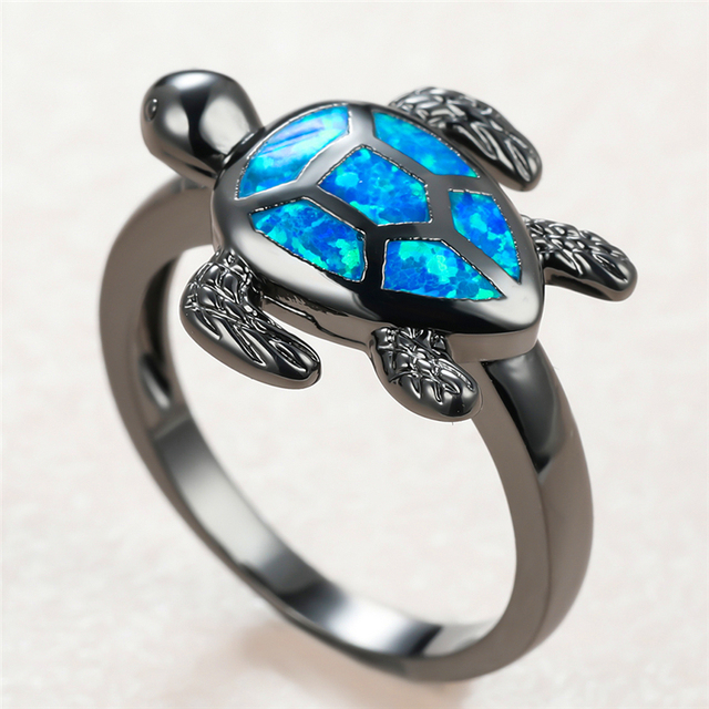 Piękny pierścionek zaręczynowy z niebieskim opalowym kamieniem, 14KT czarne złoto, kamień w kształcie żółwia morskiego - Wianko - 3