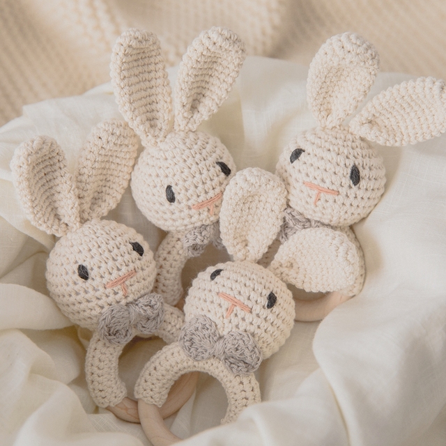 Drewniana grzechotka gryzak Cartoon Bunny Crochet dla dzieci - Wianko - 8