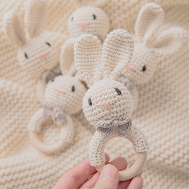 Drewniana grzechotka gryzak Cartoon Bunny Crochet dla dzieci - Wianko - 6