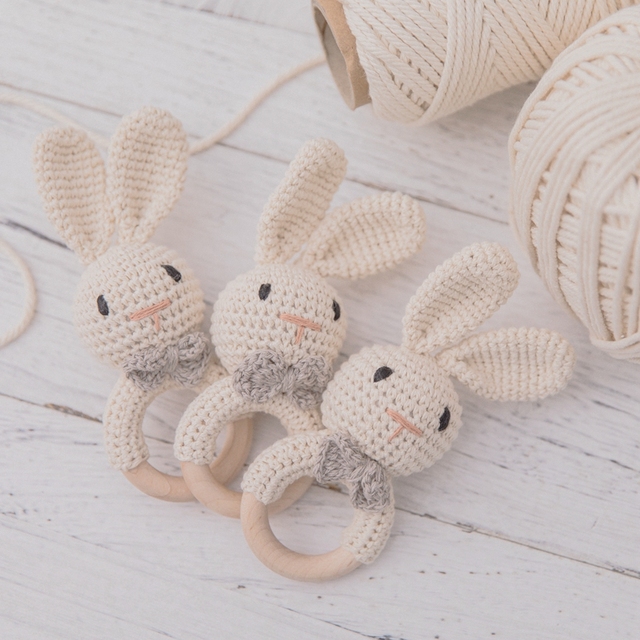 Drewniana grzechotka gryzak Cartoon Bunny Crochet dla dzieci - Wianko - 10