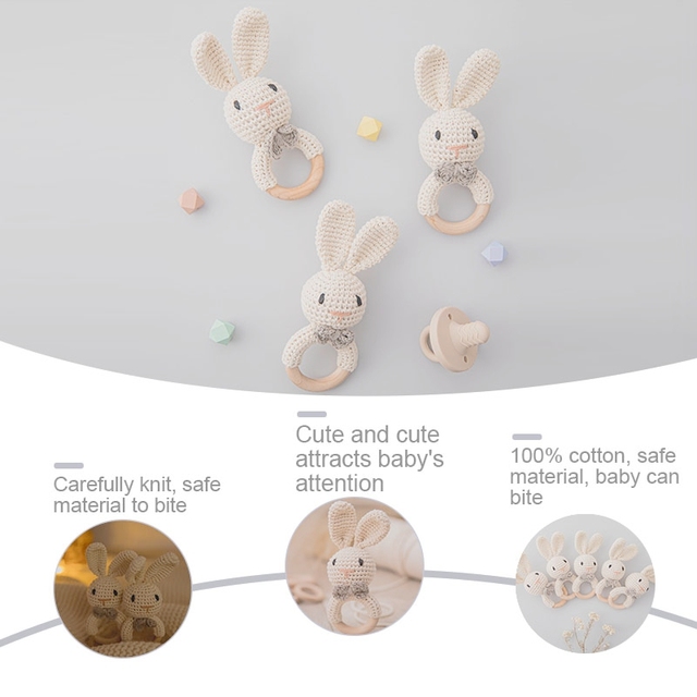 Drewniana grzechotka gryzak Cartoon Bunny Crochet dla dzieci - Wianko - 2